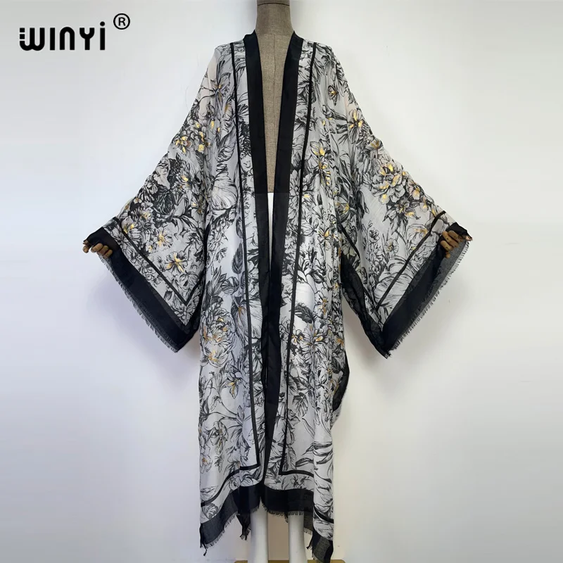 WINYI autumn gilding Black and white printing kimono Elegant Africa dresses for women holiday party Boho Cardigan evening dress