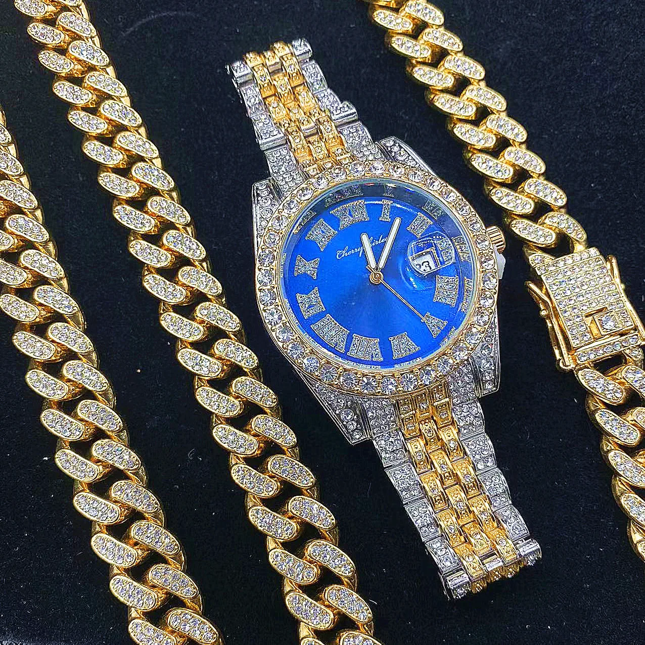 Full Iced Out Watches Mens Gold Cuban Link Chains Bracelet Necklace Choker Bling Fashion Jewelry for Men Hip Hop Men Watch Set