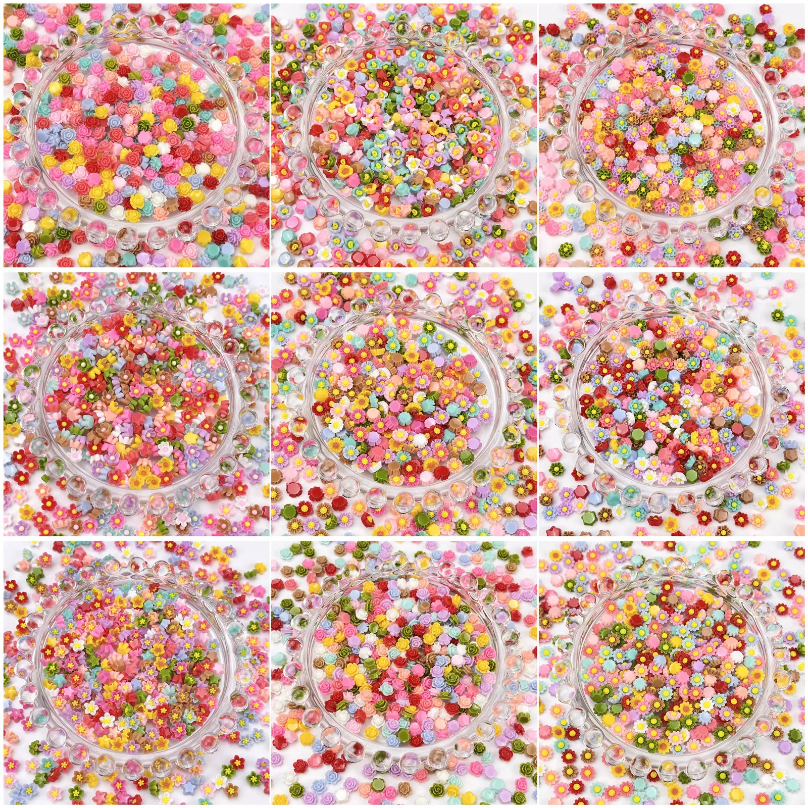 100pcs 6mm Mixed Mini Flower Cabochons Flat Back Resin Charms for Jewelry DIY Nail Stickers Deco Parts Bulk Sale Cheap
