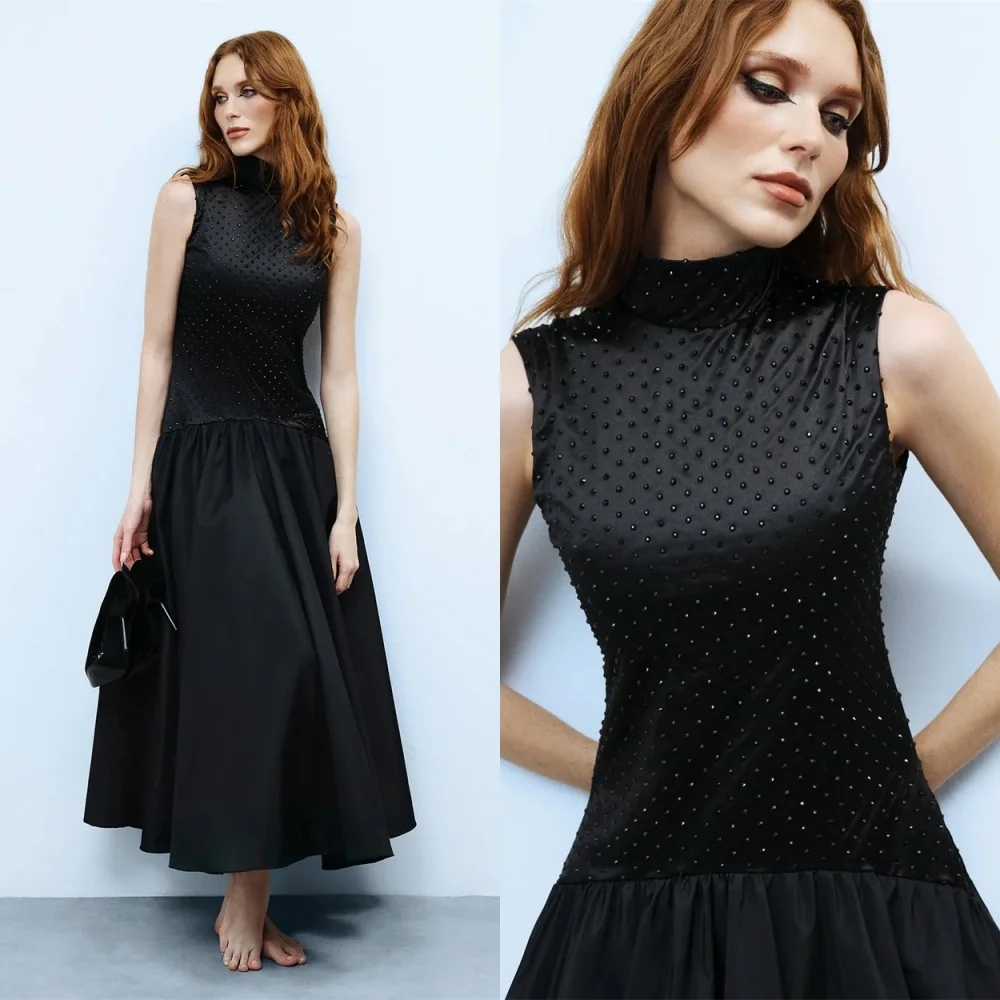 

Customized Sparkly Black Satin Evening Dresses Fashion O-Neck Sleeveless Homecoming Dresses Exquisite Special Occasion Gowns