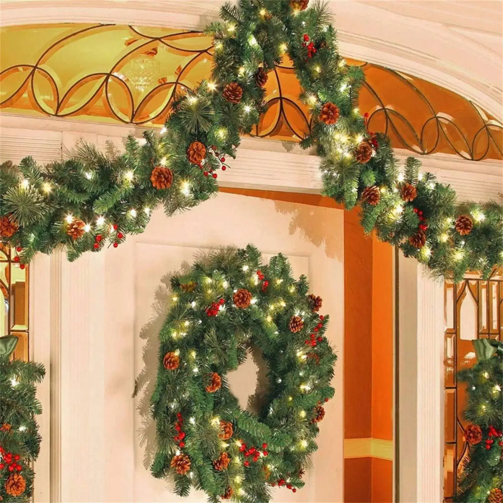 

Christmas Rattan Ambiance Decorations, Garland Xmas Holiday Indoor Home Mantle Fireplace Wreath Decoration
