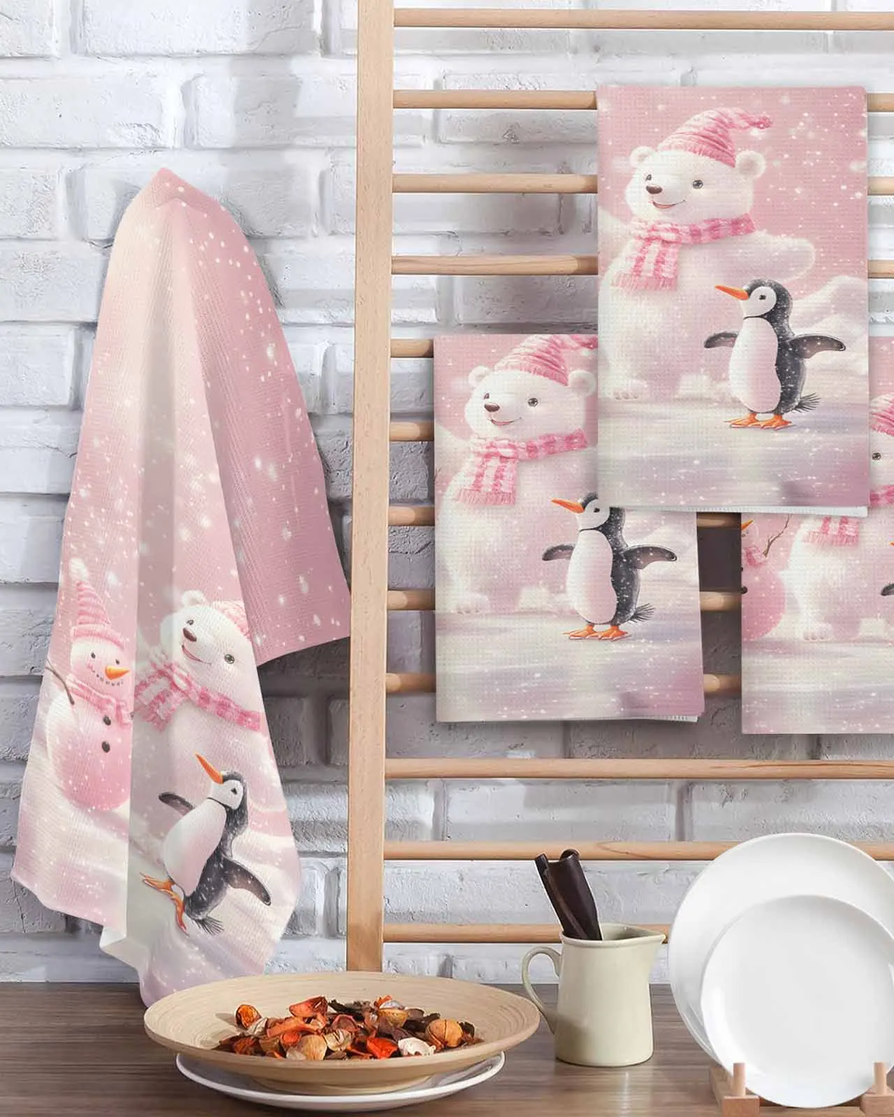 Christmas Pink White Bear Penguin 30*30cm Waffle Microfiber Kitchen Towel Soft Cleaning Cloth Scouring Pad Wiping Rag