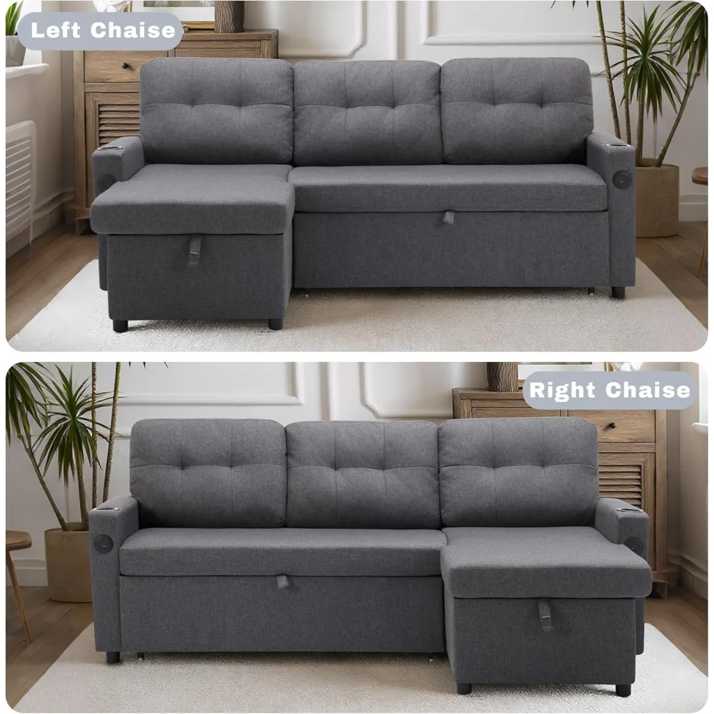 أريكة نوم حديثة على شكل حرف L مع سرير قابل للسحب، وأريكة منجدة، ومنفذ USB، وجيوب جانبية لراحة غرفة المعيشة