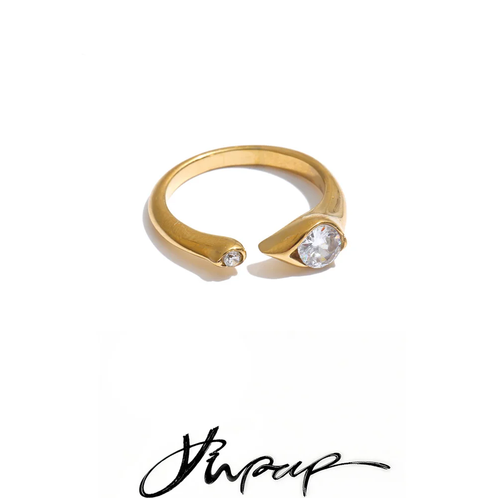 Yhpup Size 7 Stainless Steel Zircon Ring Rust Proof Glossy Metal Trending Finger Jewelry for Women PVD Plated