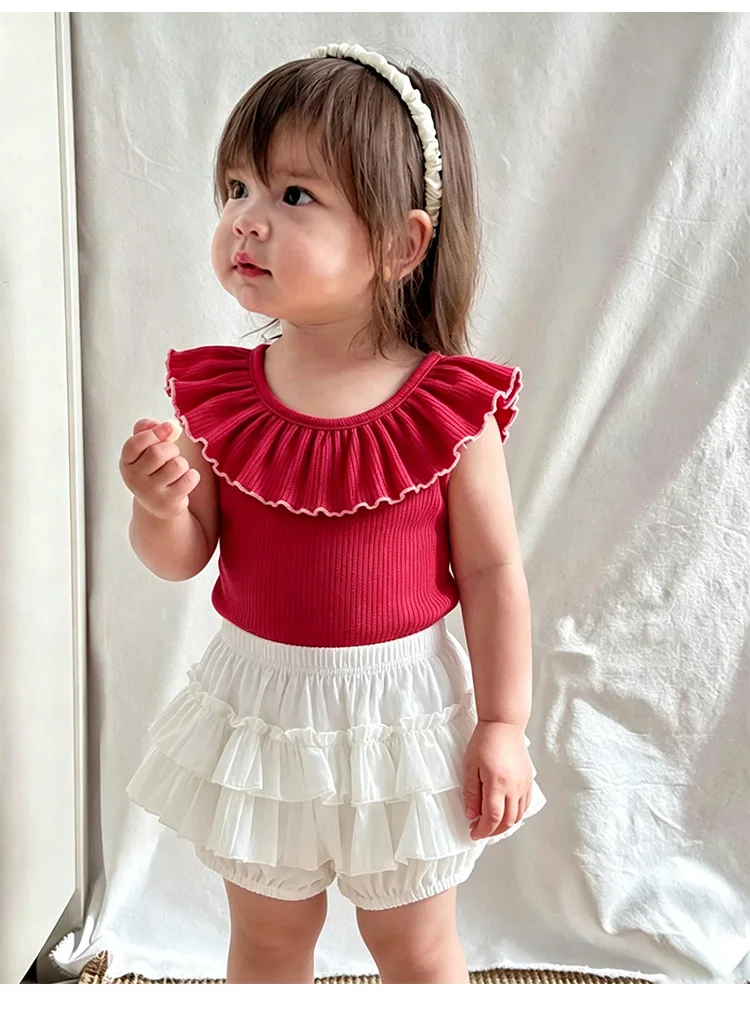 Baby summer vest top 2026 new girls' lotus leaf lace t-shirt for outdoor base