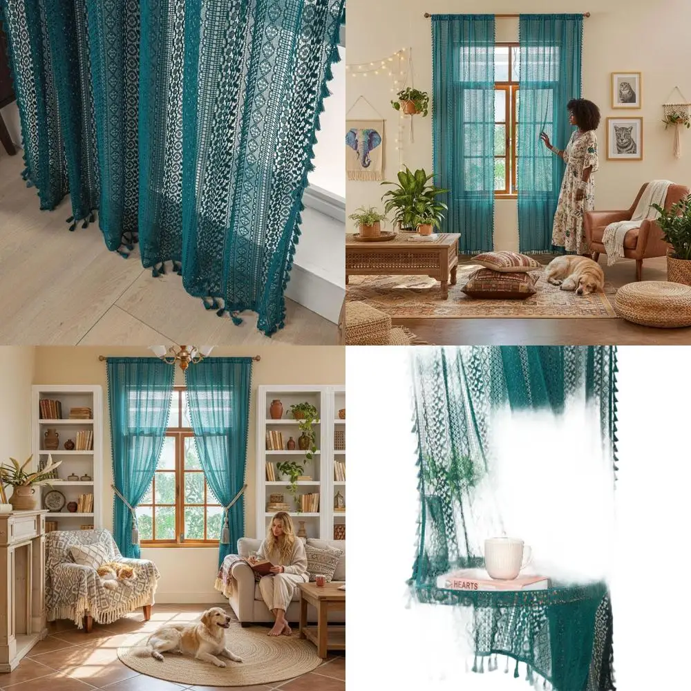 

84 хлопковые кружевные шторы крючком в стиле бохо с кисточками, полупрозрачные для фильтрации света, комплект из 2 панелей бирюзового цвета