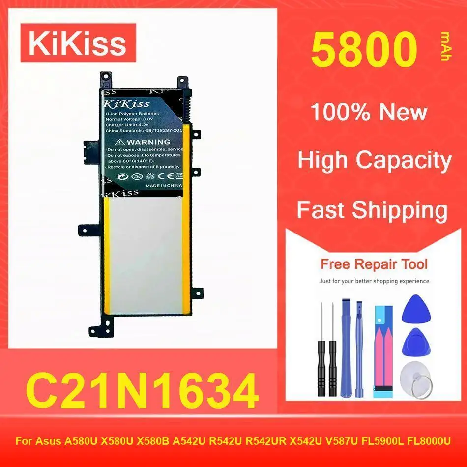 

Аккумулятор Kikiss 5800 мАч C21N1634 для Asus A580U X580U X580B A542U R542U R542UR X542U V587U FL5900L FL8000U