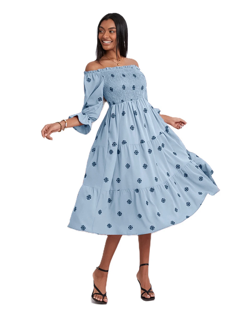 Dames Zomer Off-Shoulder Jurk Met Bloemenprint Lange Mouw Met Ruches En Rugloze Midi-Jurk