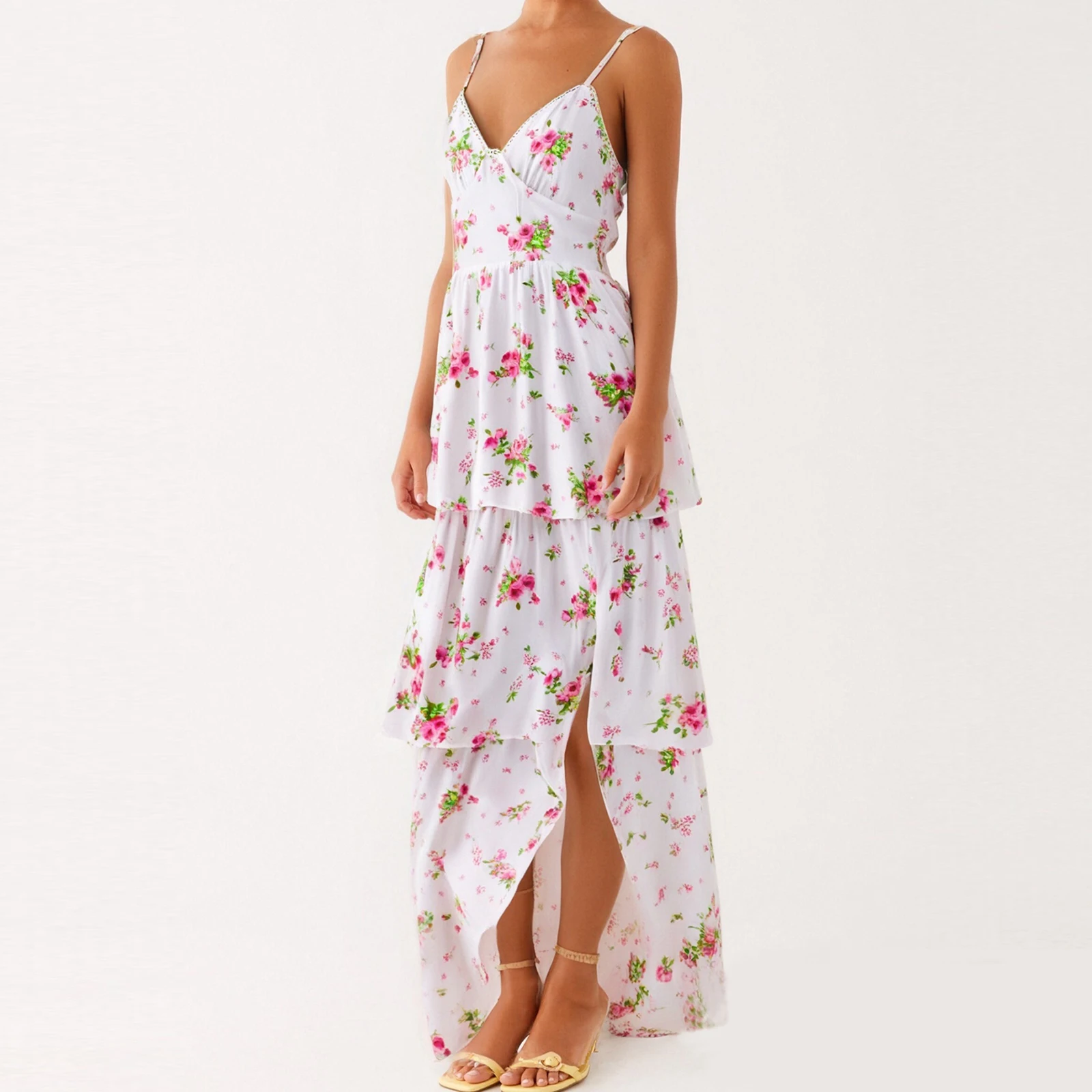 New Women Floral Cami Dress V Neck Spaghetti Strap Open Back Cross Tie A-Line Split Layered Ruffled Long Dress Club Street Style