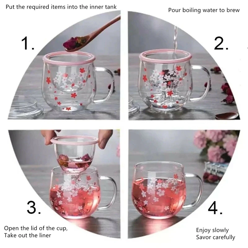 Sakura Mug Glass Mug With Tea Infuser Filter&Lid Cherry Blossoms Cup Set Blossoms Flower Teacup 300Ml Glasses Drinking