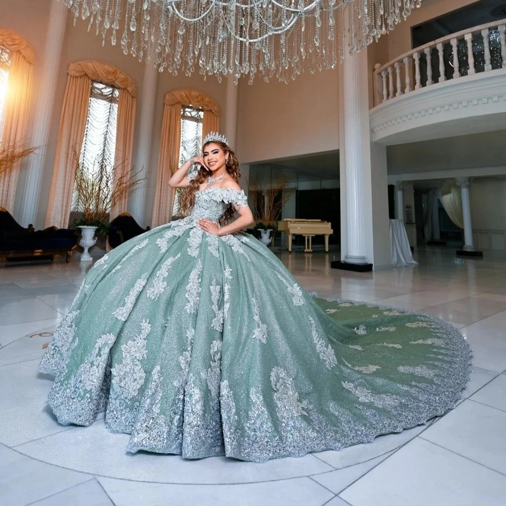 

Puffy Quinceanera Dresses Ball Gown Off The Shoulder Sequins Appliques Sweet 16 Dresses 15 Años Customized