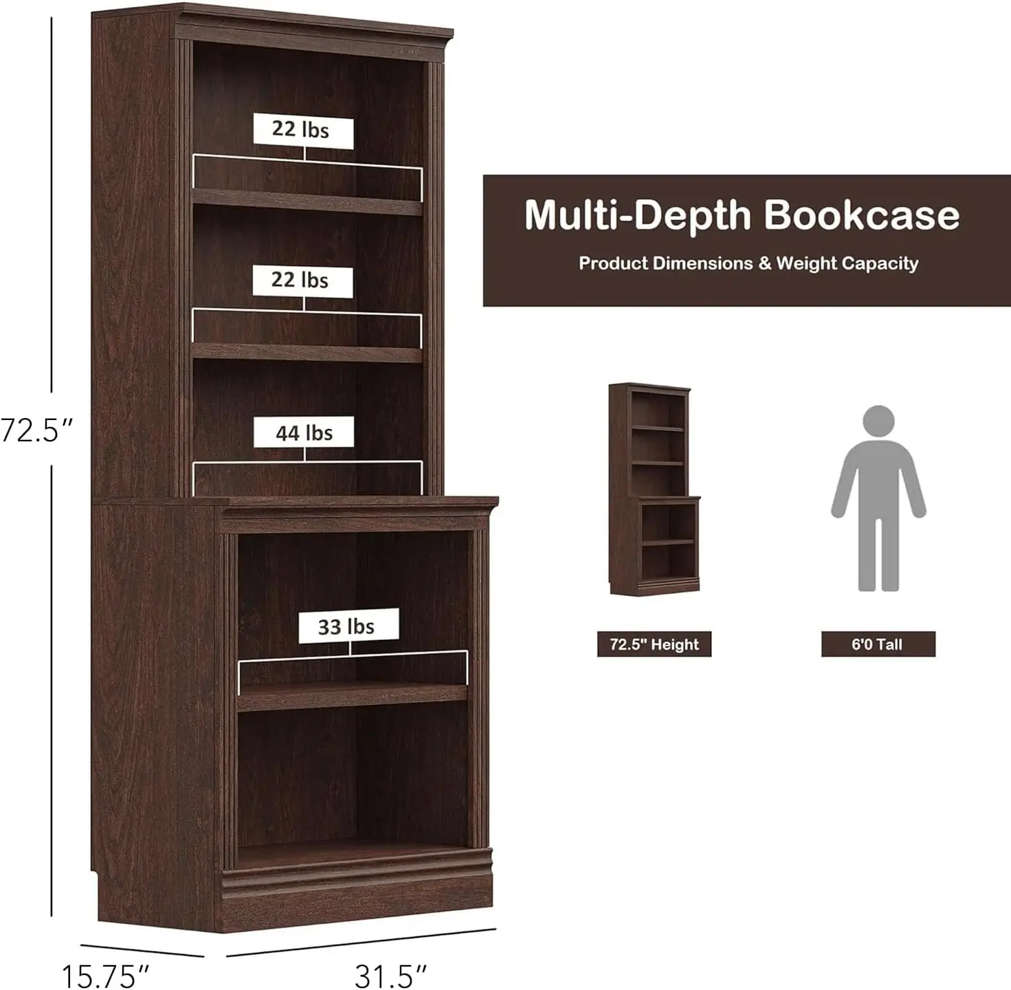 Floor standing 5-storey display rack for organization and storage, 72 inch high bookshelf