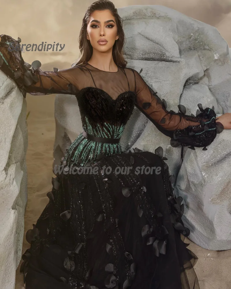 Serendipity Luxury Evening Dress A-Line فساتين سهرة Shiny Sequined Feathers Floor-Length O-Neck Prom Gown For Sexy Women 2024