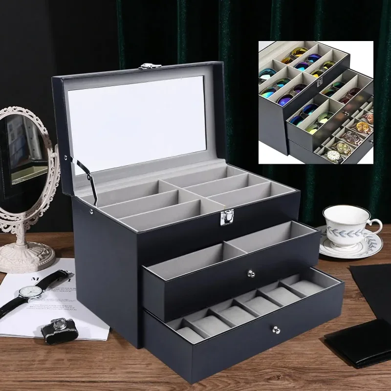 Black Leather 12 Watch and 12 Eyeglasses&Sunglasses Box with Jewelry Display Drawer Metal Buckle Case Organizer