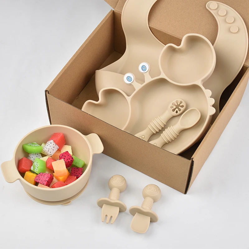

7Pcs Baby Food-grade Silicone Tableware Set BPA-free Children's Tableware Suction Cup Type Toddler Training Tableware Baby Gift
