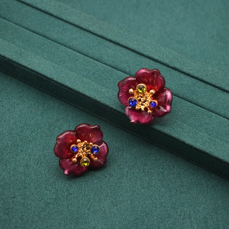 

French Classic Flower Earrings Rose Red Tourmaline Colored Glass Earrings