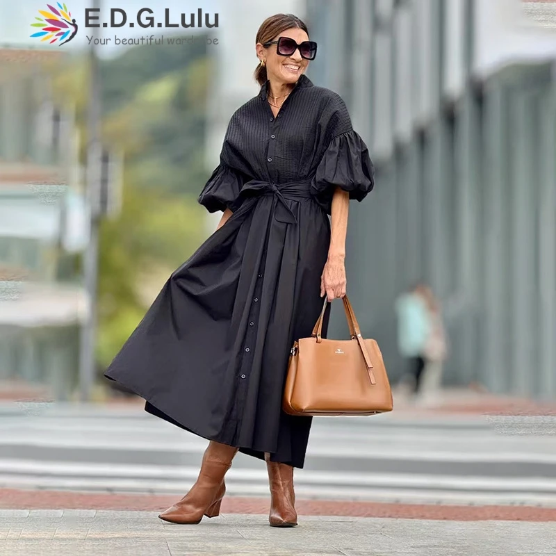 EDGLuLu 스탠드 칼라 퍼프 슬리브 블랙 드레스 여성 싱글 브레스트 플리츠 셔츠 드레스 패션 스트리트 롱 드레스 + 벨트 0902