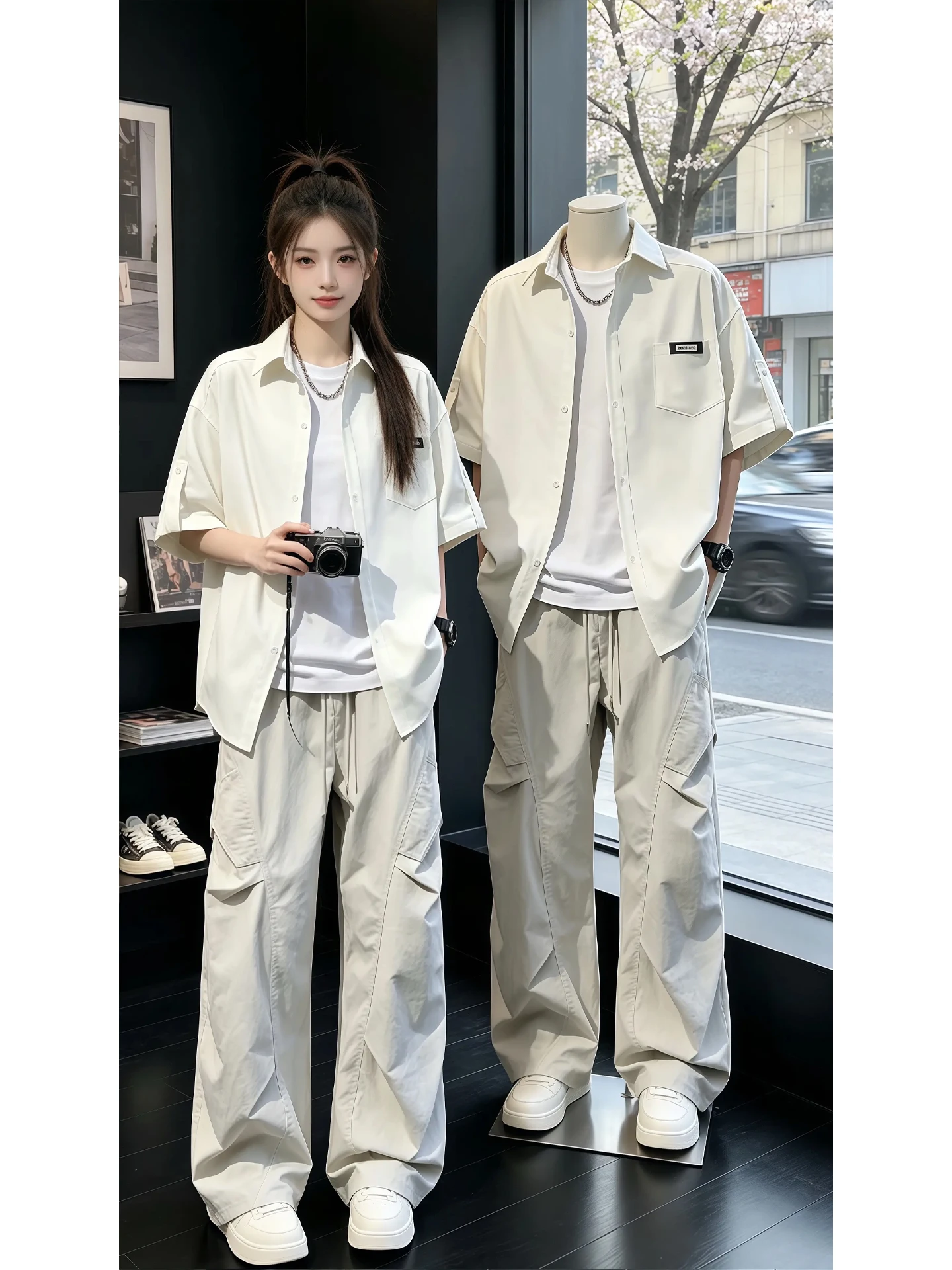Quick Dry Ice Silk Outdoor Sports Set Men's Summer Short Sleeve Thin Breathable Shirt with Folded Cargo Pants Casual Sportswear