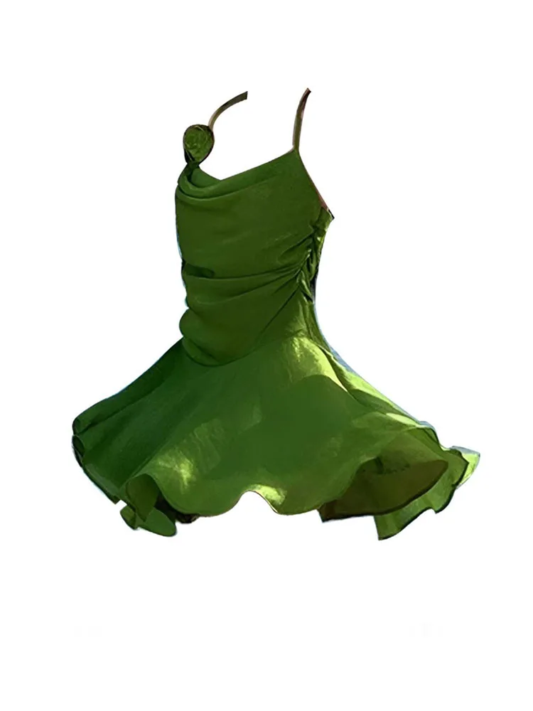 Women Green Spaghetti Strap Dress Sleeveless Fashion Beach Vacation Sundress Backless Halter Dress Temperament Y2K Streetwear