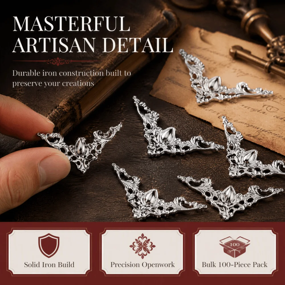 100 Pcs Metal Material Corner Protectors Vintage Openwork Design Silver Color Decorative Corner Covers Antique Style