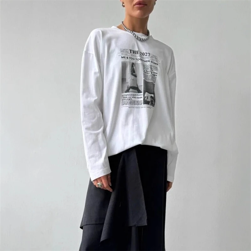 순수 코튼 긴팔 셔츠 프렌치 스트리트 레트로 레터 그래픽 얇은 스웨트셔츠 여성용 우아한 가을 데이트 나이트 선물