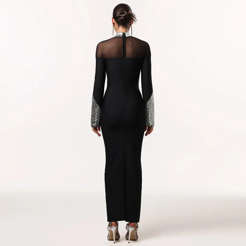 KEXU Moda Feminina Gola Alta Manga Longa Slim Fit Strass Vestido Sexy Malha Patchwork Bodycon Party Maxi Vestido