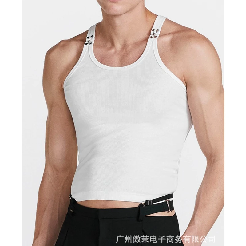 Men Vest Top Summer Fashion Simple Solid Color Slim Pullover Vest Men Casual Sleeveless Round Neck Spaghetti Strap Sexy Vest
