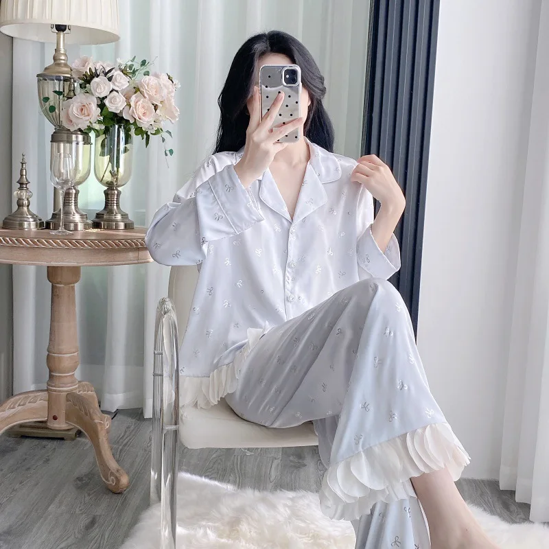 

Пижама из ледяного шелка с длинными рукавами Pijama Mujer, роскошные пижамные комплекты, женские длинные топы, брюки, осенняя одежда для дома, ночная рубашка, 2 шт., пижамы