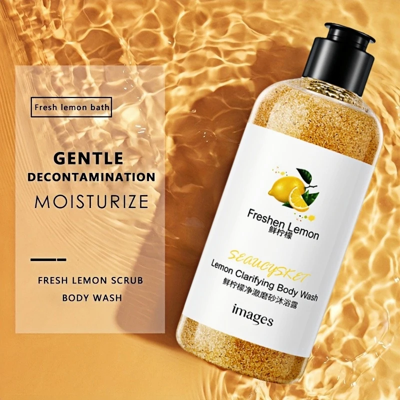 300ml Lemon Scrub Shower Gel, Alcohol-Free, Non-Greasy, Formaldehyde-Free, Rich in Citric Acid, Vitamin E, and Hyaluronic Acid, Suitable for All Light Beige Skin Types, with a Fresh Scent, Featuring Moisturizing, Nourishing, Skin-Care, and Oil-Control Properties Suitable for Use All Year Round, It Lasts for a Long Time and Exudes a Fresh Scent. after Washing, the Skin Is Comfortable and Not Tight. Suitable for Dry, Oily and Other Types of Skin, It Is a Good Product for Both Men and Women to Use for Bathing.