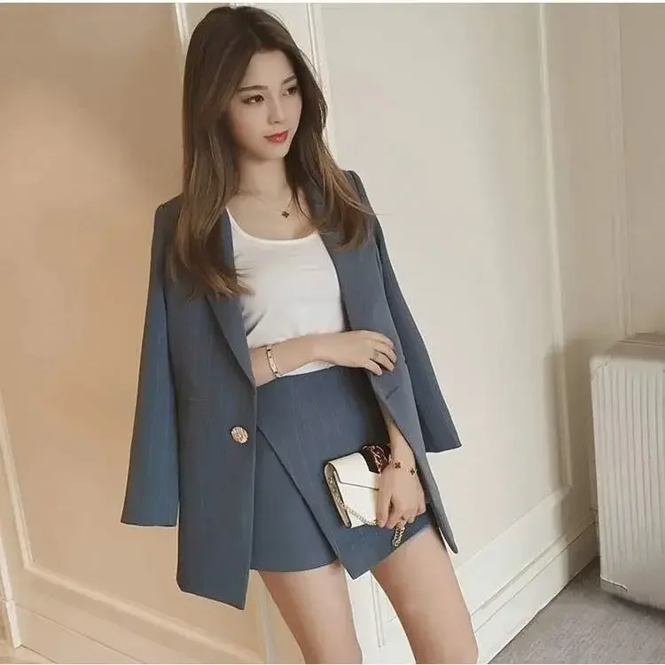 Womens Short 2 Sets Office 2024 Two Piece Set for Women Suit with Skirt and Blazer Outfit Summer Long Sleeve Co Ord Korean Style