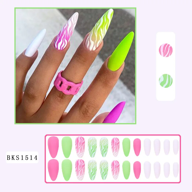 24 Stks/set Nepnagels Levert Verse Groene Rozengolflijnen Verwaarlozen Franse Korte Amandeltips Faux Ongles Drukken Op Valse Nagelset