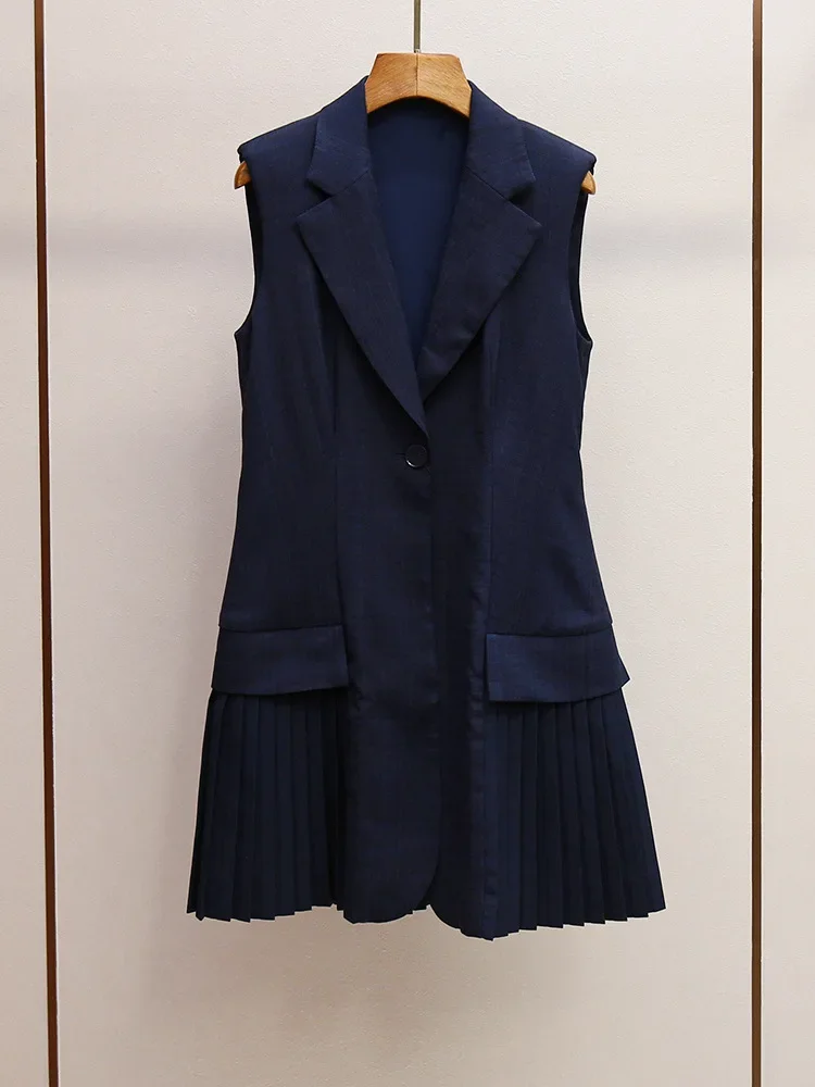 

2024 Summer Women Pleated Mini Dress Notched Collar Single Button Ladies Sleeveless A-Line Robe