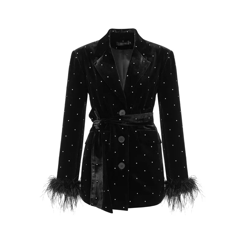 Ostrich Fur Velvet Suit Jacket for Women Spring Unique Hot Stamping Niche with Shoulder Pads Slim Fit Temperament Suit