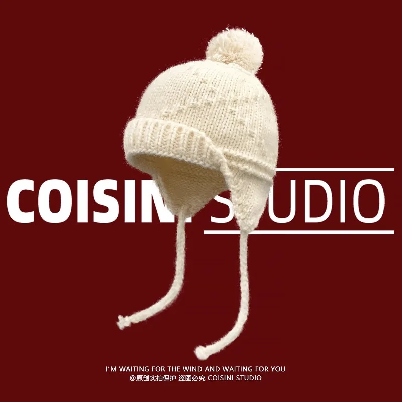 

Корейская атмосфера, милые вязаные шапочки с помпонами для женщин, осенние и зимние теплые универсальные шапки с милым ремешком для защиты ушей