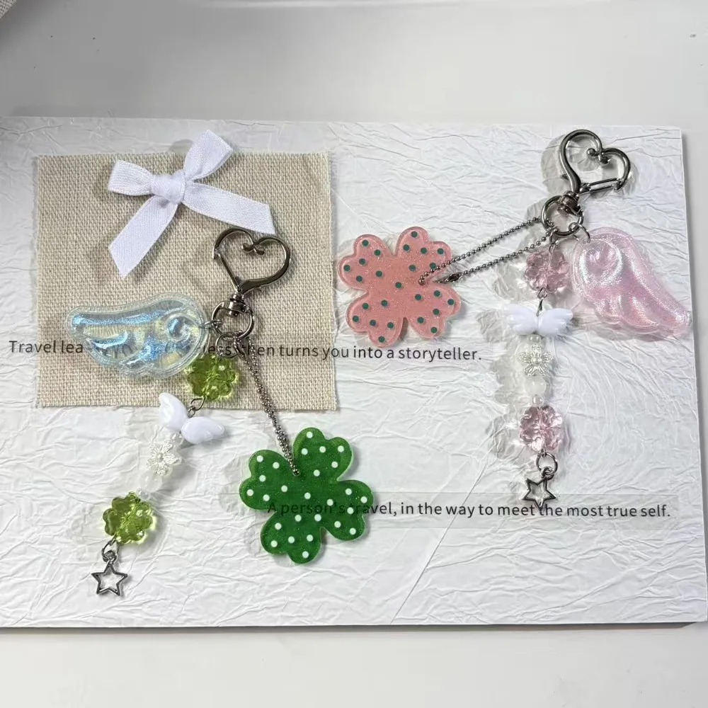 1 Piece Ins Aesthetic Creative Four Leaf Clover Wings Acrylic Keychain DIY Pendant Charm for Bag Backpack Cute Student Accessory