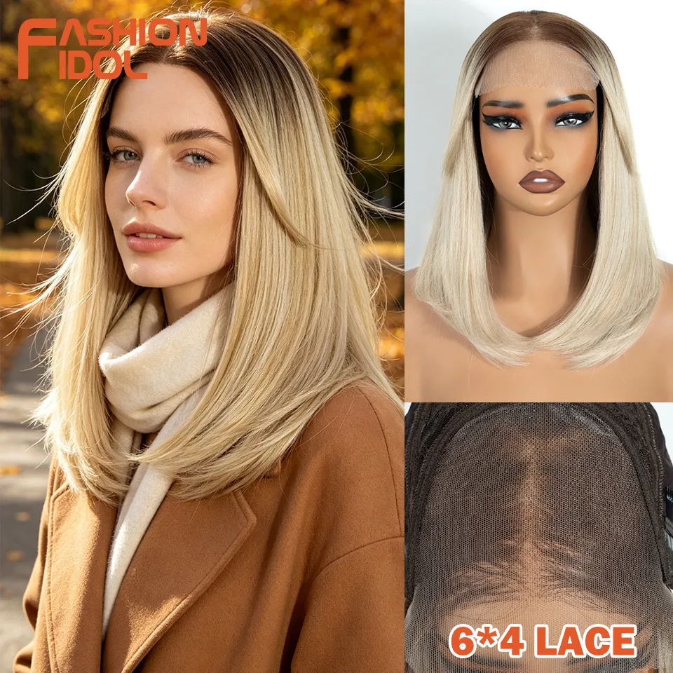 FASHION IDOL 6*4 Pre-plucked Lace Wigs Synthetic 18 Inch Bob Lace Front Wigs For Women Blonde Highlight Daily Use Cosplay Wigs