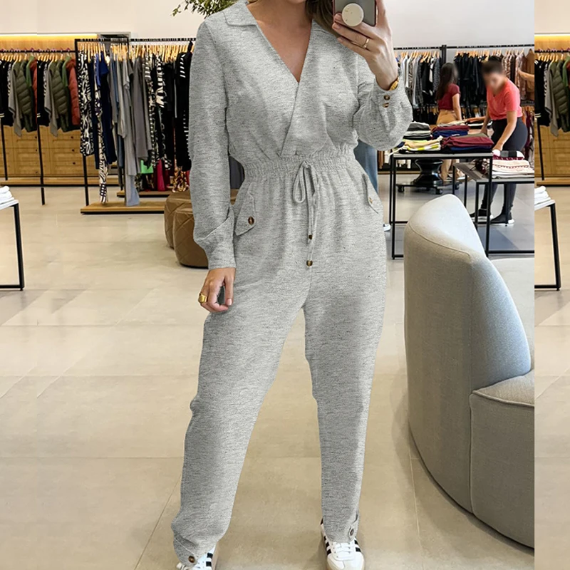 Chic Low Chest Pocket Sport Romper Fashion Solid Flip Collar Drawstring Jumpsuit Spring Autumn Casual Long Sleeve Women Playsuit