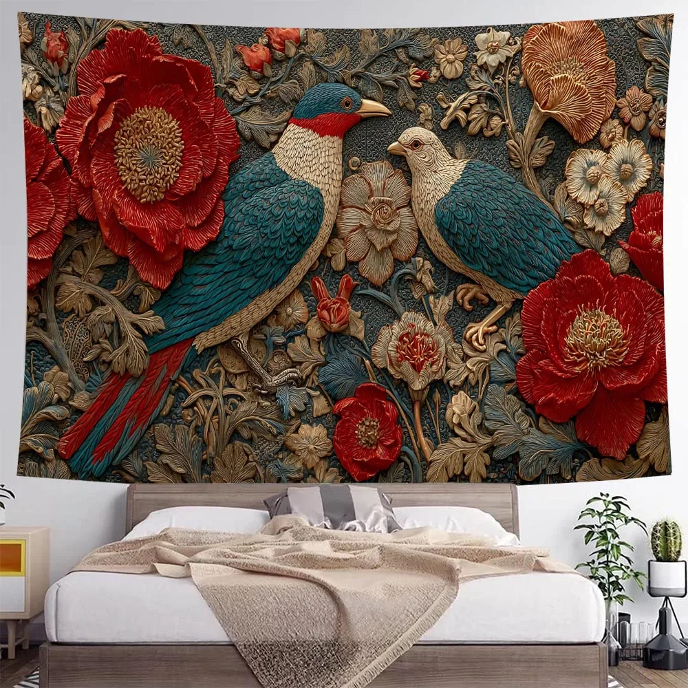 Retro Flower & Bird Print 3D Carving Wooden Board Tapestry Wall Hanging Cloth Fashionable Living Room Decor
