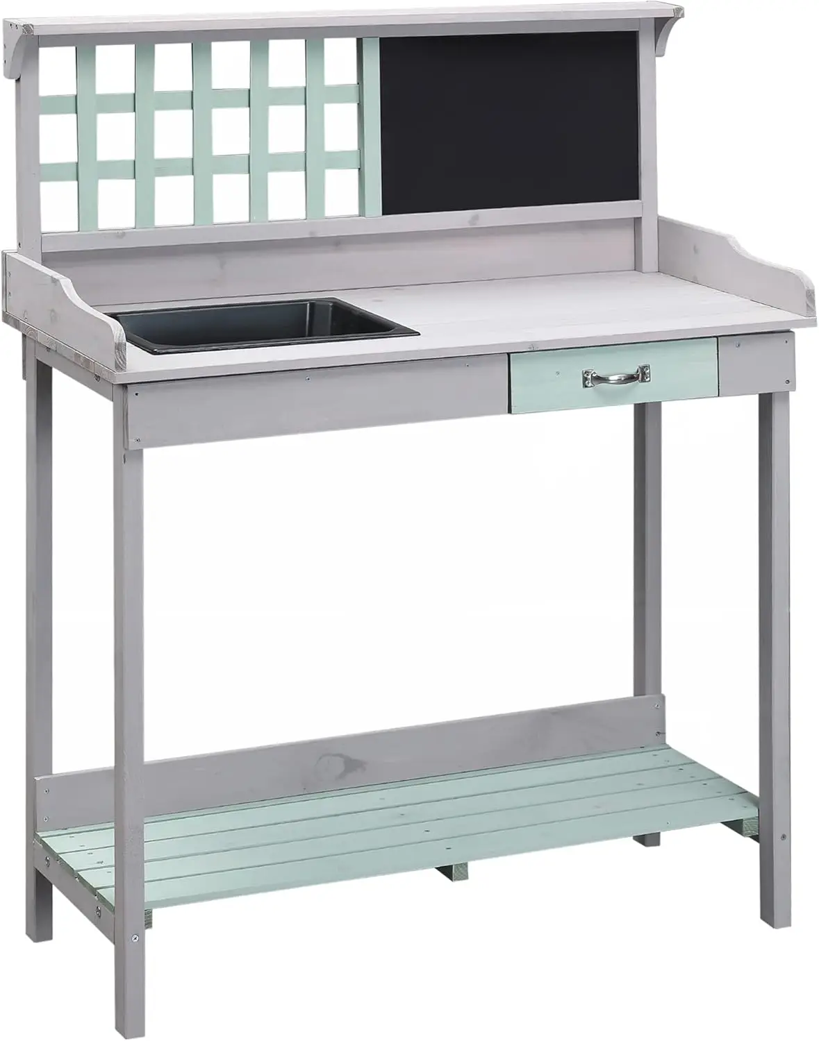 

Outdoor Wooden Potting Bench Table with Removable Sink, Garden Work Station with Chalkboard, Drawer, Open , Light Gray