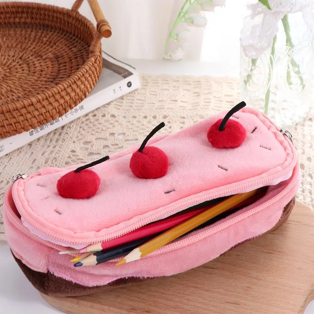 Creative Cherry Cake Plush Pen Bag Cosmetic Bags Large Capacity Stationery Bag Kawaii Exquisite Pencil Pouch Stationery Box