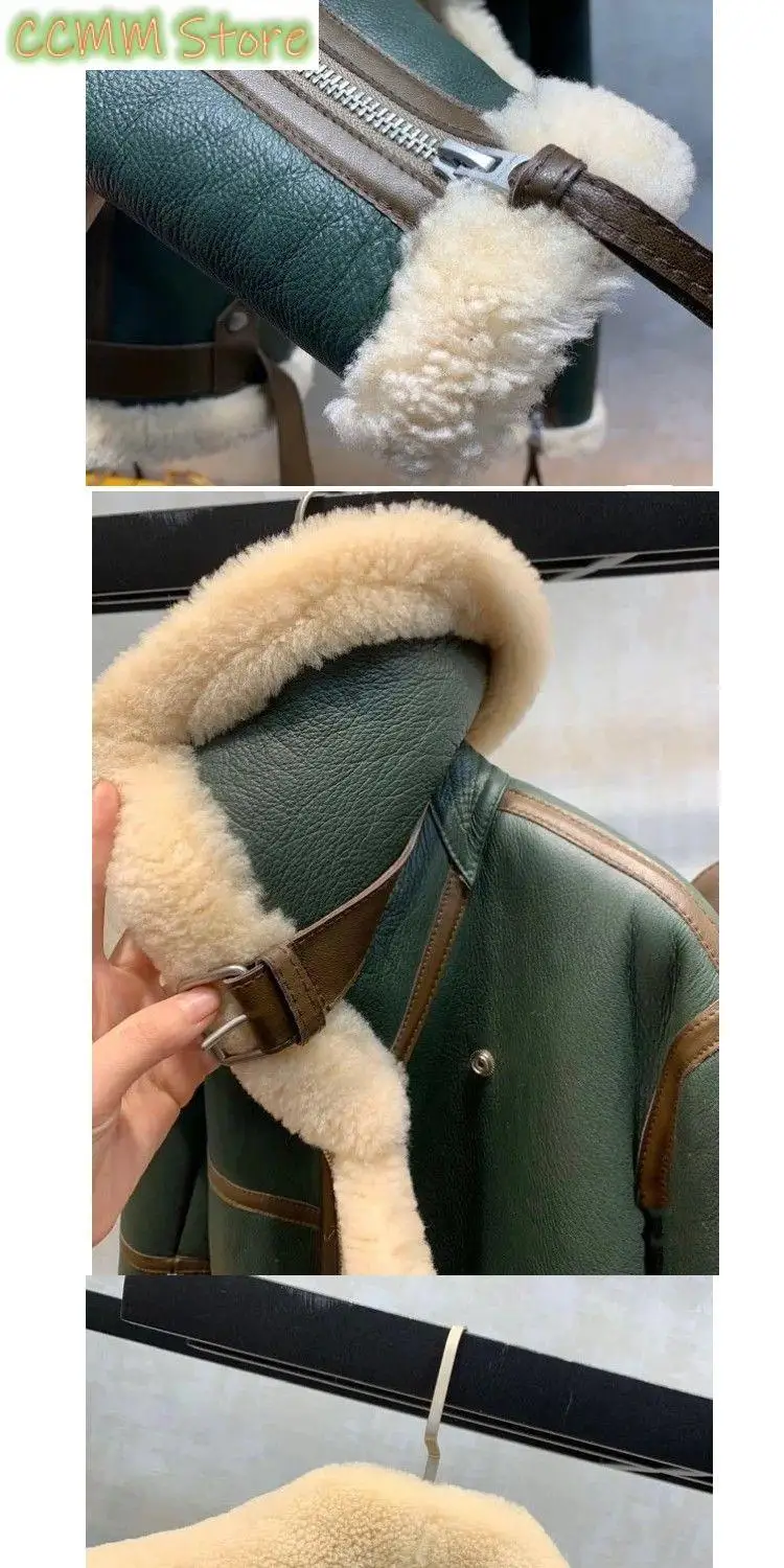 New Winter Clothes Green Stitching Large Lapel Motorcycle Clothing Women\'s Thickened Short Fur One-Piece Sheepskin Coat