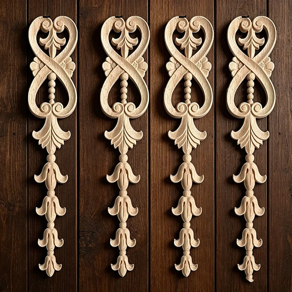 4PCS Wood Carving Natural Wood Appliques Door Furniture Cabinet Decorative Unpainted Wooden Mouldings Decal Vintage Home Decor