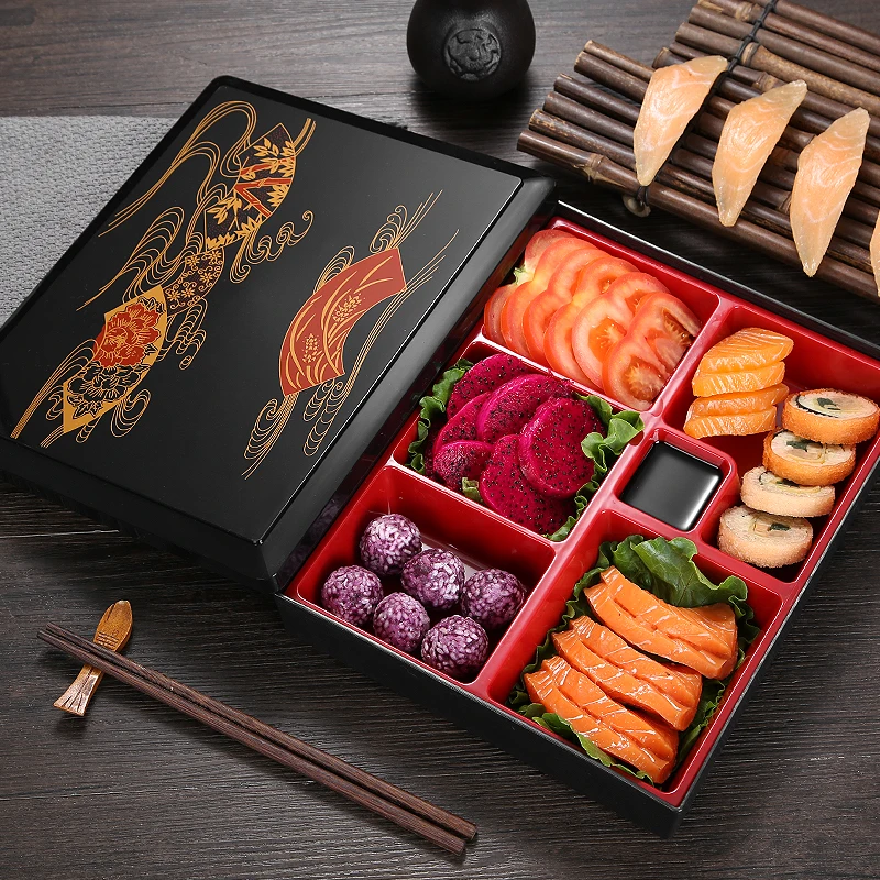 

Japanese Bento Box Imitation Wood Grain Plastic Grid Rectangular Multi-Grid Business Package Cute Lunch Box Solid Color Portable