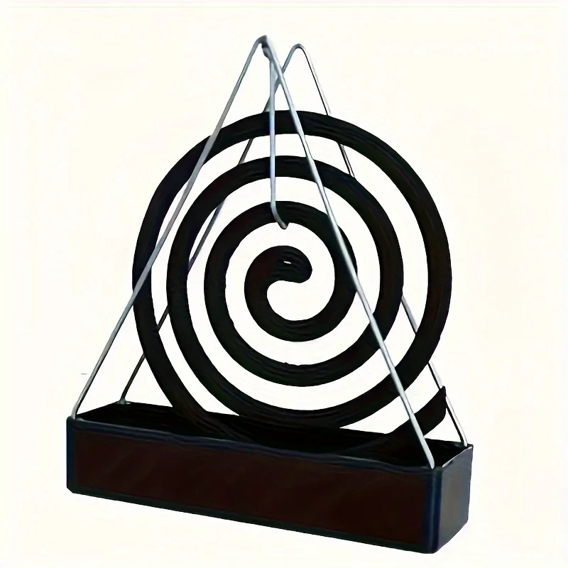 Triangular mosquito coil holder, metal ash catcher, modern base. Indoor/outdoor, easy-clean, sturdy. Minimalist desk design.