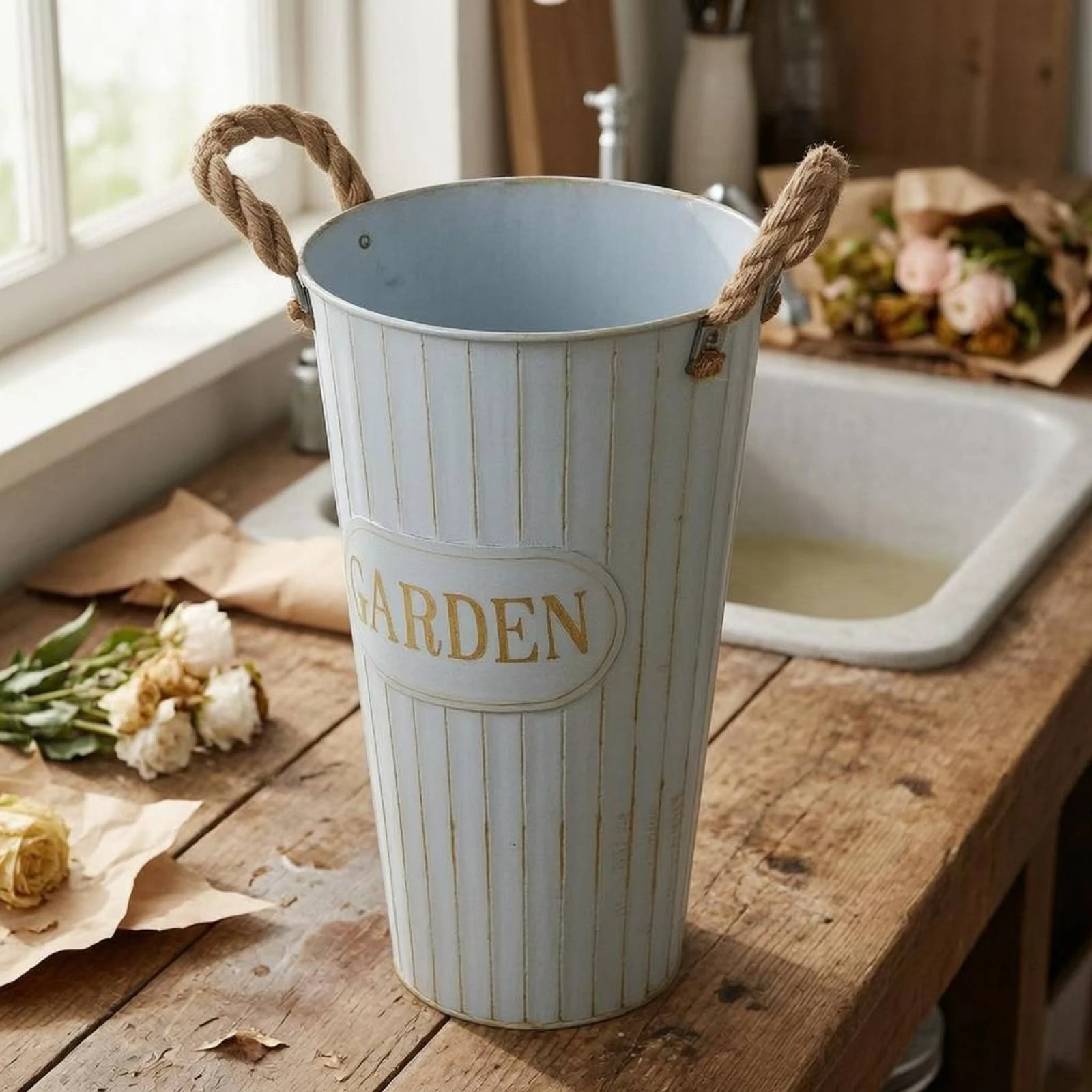 Flower Pail Light Blue Garden Pail Rustic Tin Pail Rope Handles Farmhouse Flower Pot Ribbed Sides