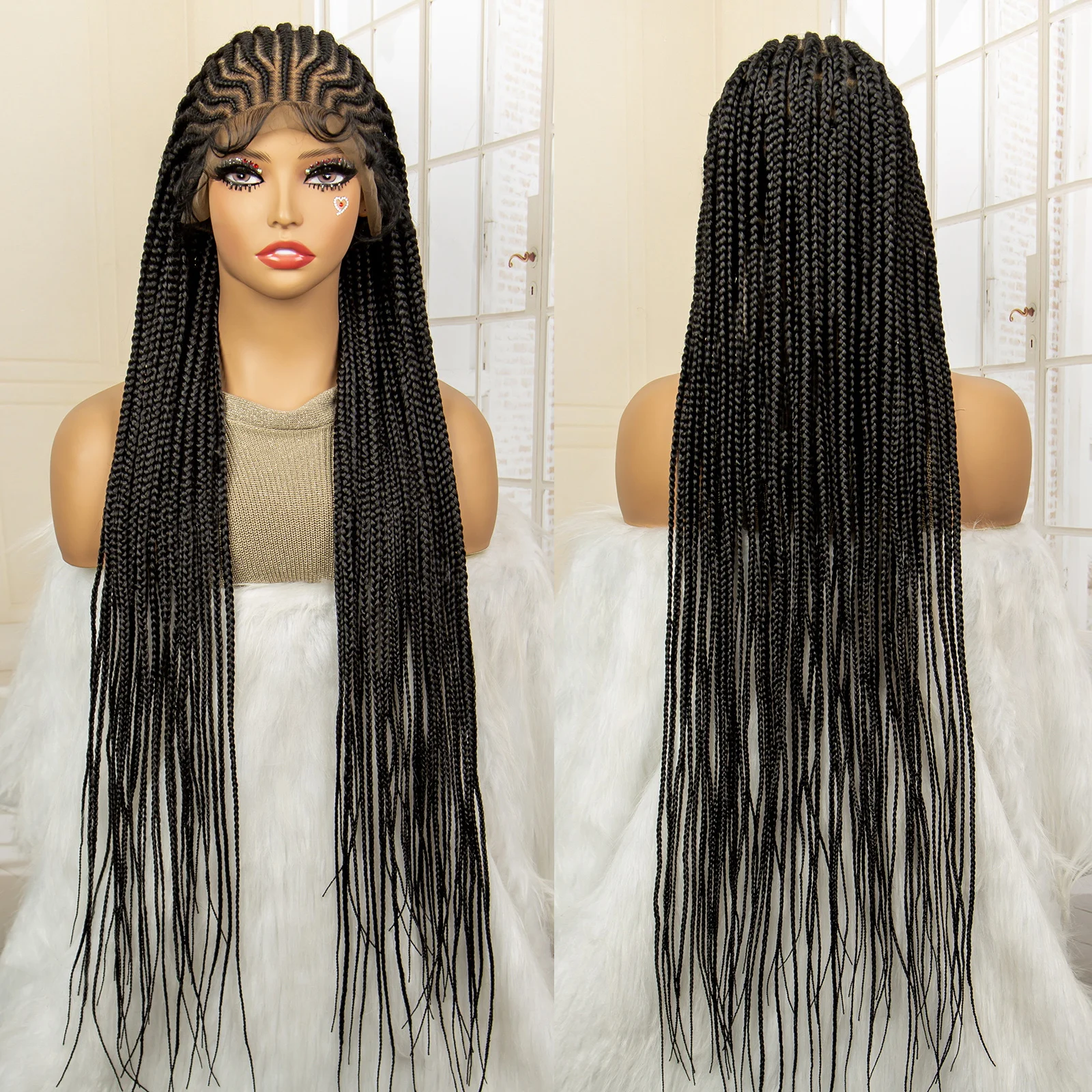 34 Inches Handmade Synthetic Braiding Wig HD Full Lace Cornrow Braided Wigs Back Knotless Box Braids Wig for Black Women