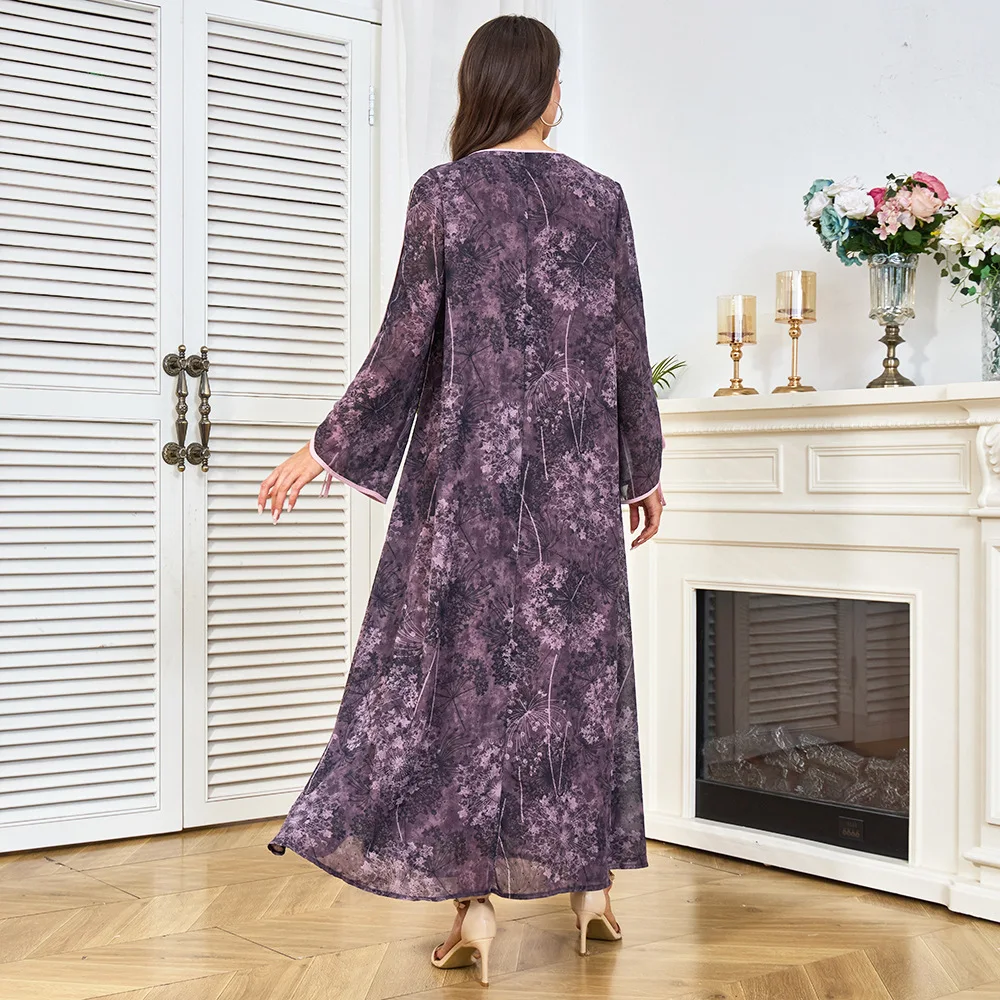 Women's New Muslim Summer Long Sleeve Simple Loose Casual Floral Plus Size Dress Robe Abaya Ramadan Dubai Luxury Islam Elegant