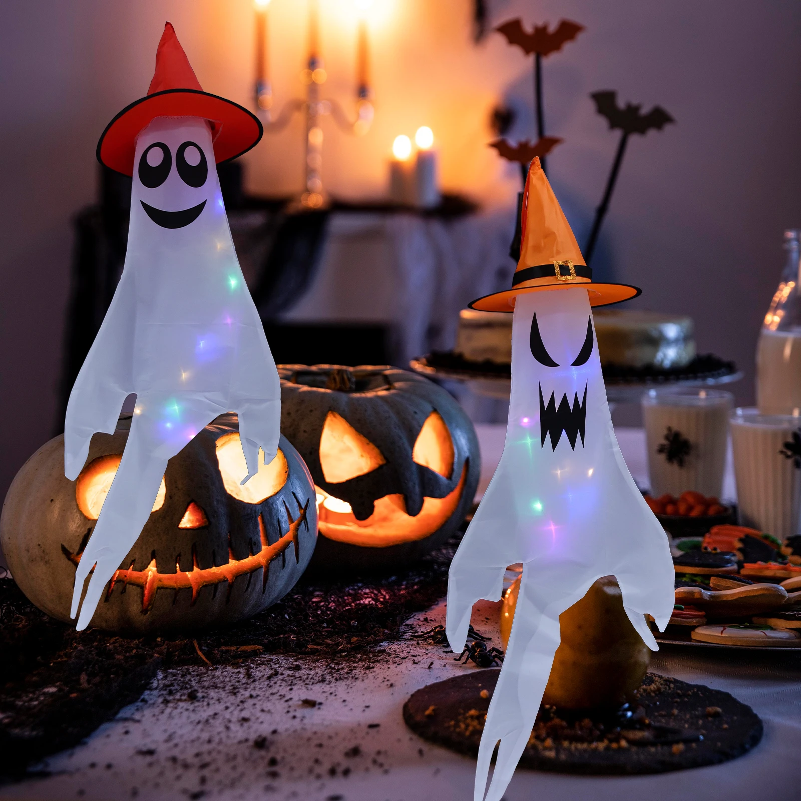 

2 Pcs Ghost Windsocks Halloween Decor Glowing Flags Outdoor naments Pendant Copper Wire Yard Garden Party Atmosphere
