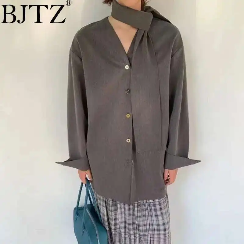 

BJTZ Design Scarf Collar Single-breasted Long-sleeved Shirt Women 2025 Spring And Summer Fashion Temperament Simple