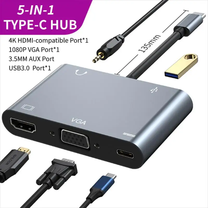 

Док-станция 5 в 1, адаптер Vga Pd Usb-c на 4k HDMI-совместимый Usb-разветвитель, компьютерные аксессуары, концентратор 4k 30 Гц Type-c